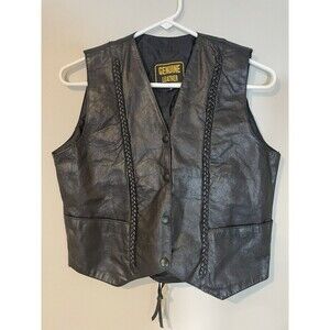 Genuine Leather Women’s Small Black Biker Vest‎ Braided Sides Motorcycle Biker